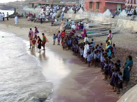 school class at the beach